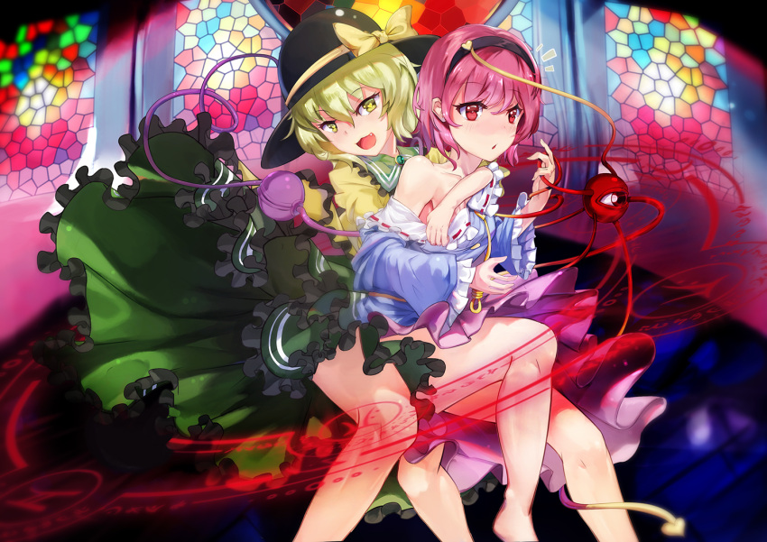 2girls :d bare_legs black_hat blouse blue_blouse blush breast_grab dress_pull fang grabbing green_eyes green_hair green_skirt hairband hand_under_clothes hat hat_ribbon heart heart-shaped_pupils hug hug_from_behind incest indoors komeiji_koishi komeiji_satori long_sleeves magic_circle mosaic multiple_girls off_shoulder open_mouth pink_eyes pink_hair pink_skirt ribbon ribbon-trimmed_collar ribbon-trimmed_sleeves ribbon_trim short_hair skirt smile surprised symbol-shaped_pupils third_eye touhou wide_sleeves yellow_ribbon yuri