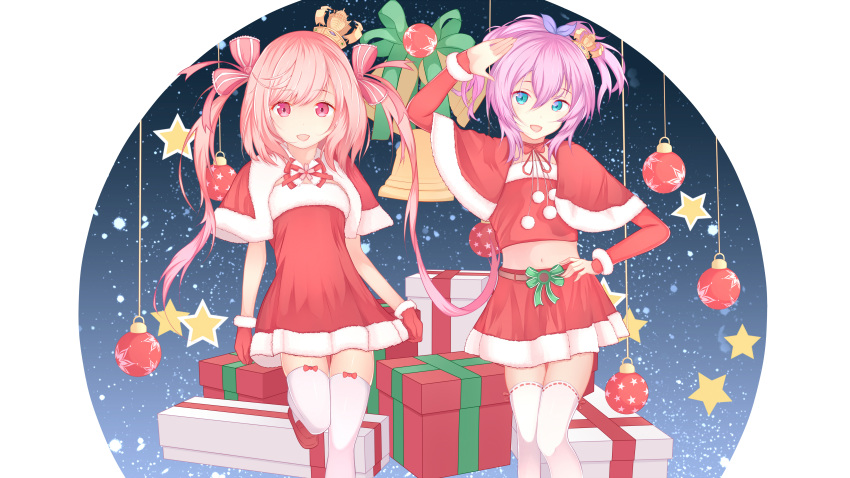 2girls :d absurdres asymmetrical_hair azur_lane bangs bell blue_eyes bow box christmas_ornaments commentary_request crown detached_sleeves dress eyebrows_visible_through_hair fur-trimmed_capelet fur-trimmed_dress fur-trimmed_gloves fur-trimmed_shirt fur-trimmed_skirt fur-trimmed_sleeves fur_trim gift gift_box gloves hair_between_eyes hair_bow hair_ribbon hand_on_hip head_tilt highres javelin_(azur_lane) juno_(azur_lane) loafers long_hair long_sleeves looking_at_viewer midriff mini_crown multiple_girls navel open_mouth pink_bow pink_eyes pink_hair purple_hair purple_ribbon red_capelet red_dress red_footwear red_gloves red_shirt red_skirt ribbon ribbon-trimmed_legwear ribbon_trim salute shirt shoes skirt smile standing standing_on_one_leg star striped striped_bow thigh-highs twintails uneven_twintails very_long_hair white_legwear zuu_(qq770463651)