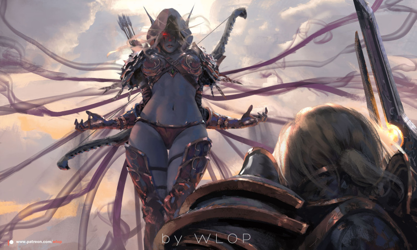1boy 1girl anduin_wrynn armor arrow artist_name bikini_armor black_panties blonde_hair blue_skin bow_(weapon) closed_mouth clouds cloudy_sky dark_elf elf floating gauntlets glowing glowing_eyes greaves highres holding holding_sword holding_weapon hood_up looking_down navel outdoors panties patreon_logo patreon_username pauldrons pink_lips plate_armor pointy_ears ponytail quiver red_eyes sky sword sylvanas_windrunner thigh_gap underwear warcraft weapon wlop world_of_warcraft