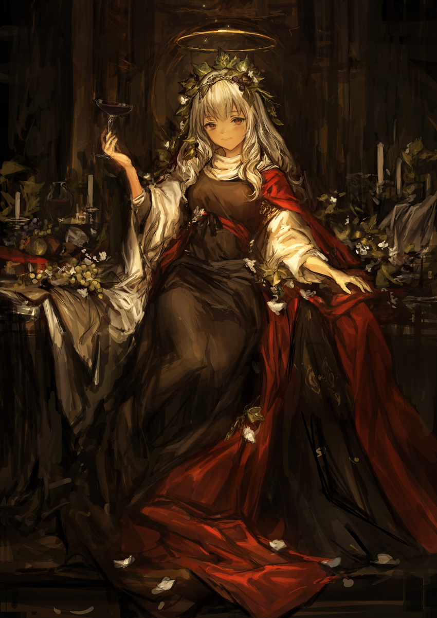 1girl bangs black_dress cape closed_mouth cup dress drinking_glass eyebrows_visible_through_hair food fruit grapes hair_ornament halo hand_up highres holding laurel_crown lm7_(op-center) long_hair looking_at_viewer original red_cape red_eyes silver_hair sitting white_hair wine_glass