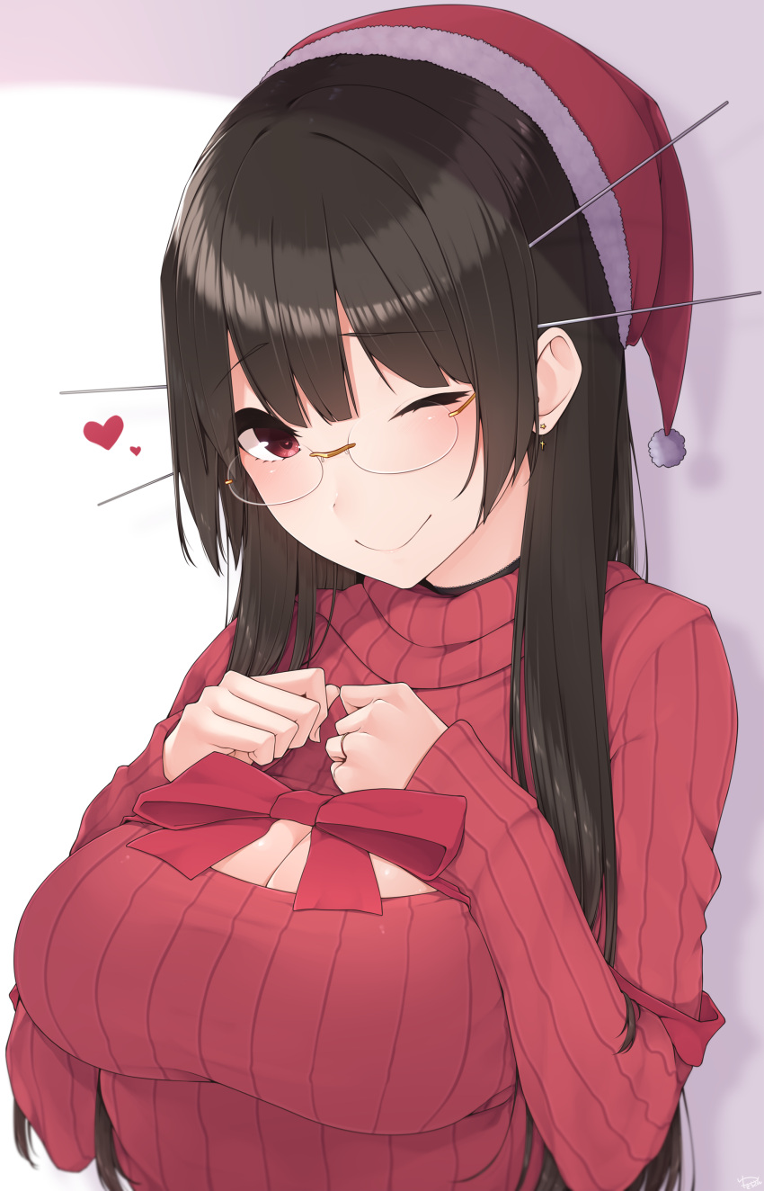 1girl absurdres alternate_costume black_hair blush breasts choukai_(kantai_collection) cleavage_cutout glasses hands_on_own_chest hat headgear highres jewelry kantai_collection large_breasts long_hair long_sleeves looking_at_viewer meme_attire one_eye_closed open-chest_sweater purple_sweater red_eyes red_ribbon red_sweater ribbon rimless_eyewear ring santa_hat simple_background smile solo straight_hair sweater upper_body wedding_band white_background yukichi_(sukiyaki39)