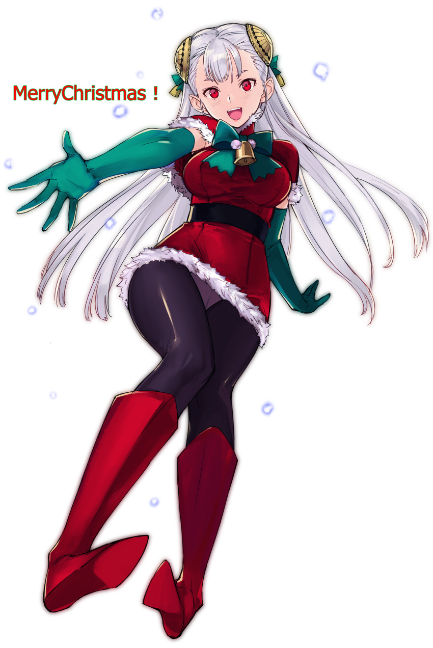 1girl adapted_costume albino bell belt black_legwear boots bow breasts capcom capcom_fighting_jam capelet christmas dress elbow_gloves full_body gloves green_gloves hairpods highres ingrid knee_boots long_hair looking_at_viewer medium_breasts merry_christmas open_mouth outstretched_hand panties panties_under_pantyhose pantyhose pantyshot pantyshot_(standing) red_eyes red_footwear santa_costume short_dress solo standing tetsu_(kimuchi) underwear white_hair