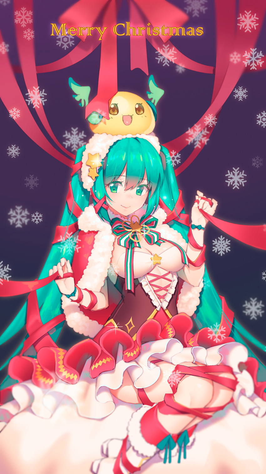 1girl absurdres bracelet christmas fiodo green_eyes green_hair hatsune_miku highres jewelry long_hair merry_christmas ribbon sitting skirt smile snowflakes twintails very_long_hair vocaloid