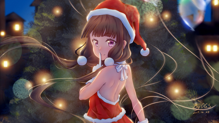 1girl artist_name balloon bangs bare_shoulders black_hair blend_s blush bow christmas christmas_tree closed_mouth dated dress eyebrows_visible_through_hair finger_to_mouth from_side gloves hair_ornament hat highres house long_hair looking_at_viewer looking_to_the_side low_twintails night night_sky ogs_(orgasm88) open-back_dress outdoors red_dress red_hat sakuranomiya_maika santa_costume santa_hat shoulder_blades shushing signature sky smile solo transparent twintails very_long_hair violet_eyes white_bow white_gloves window