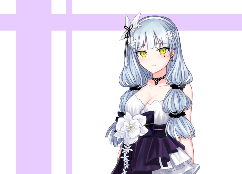 1girl alternate_costume arms_at_sides bangs bare_shoulders black_choker blunt_bangs blush breasts cleavage closed_mouth collarbone dress earrings eyebrows_visible_through_hair facial_mark girls_frontline green_eyes hair_ribbon hairband hk416_(girls_frontline) jewelry layered_dress long_hair looking_at_viewer low-tied_long_hair low_twintails medium_breasts pendant ribbon rye_(beak_rie) sash smile strapless strapless_dress twintails two-tone_background upper_body white_flower white_hairband white_ribbon