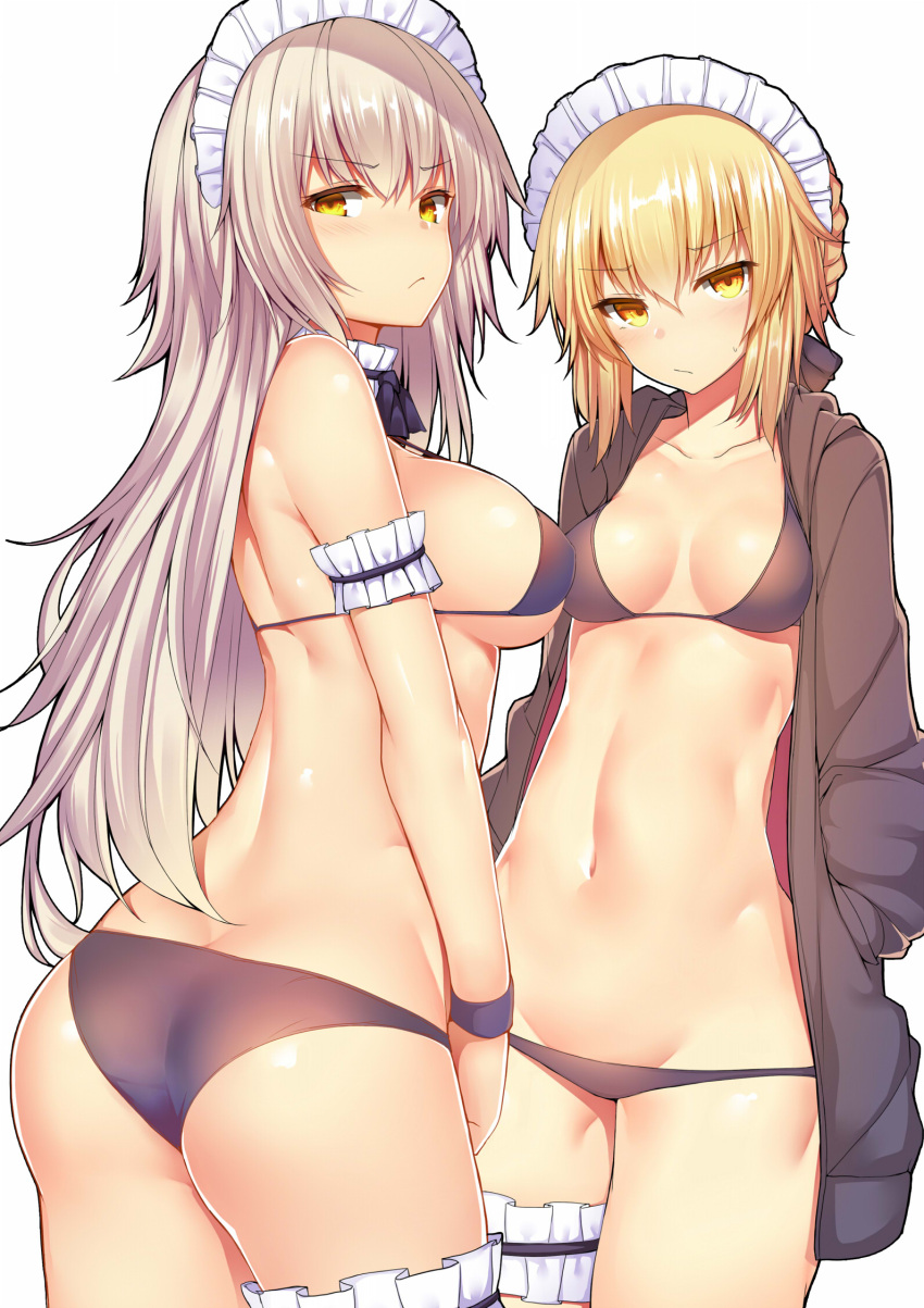 2girls artoria_pendragon_(all) artoria_pendragon_(swimsuit_rider_alter) ass bangs bikini bikini_under_clothes black_bikini black_bow black_jacket blonde_hair blush bow braid breasts brown_hair closed_mouth collarbone commentary_request cowboy_shot eyebrows_visible_through_hair fate/grand_order fate_(series) french_braid hair_bow hands_in_pockets highres hood hood_down hooded_jacket jacket jeanne_d'arc_(alter)_(fate) jeanne_d'arc_(fate)_(all) large_breasts long_hair looking_at_viewer maid_headdress medium_breasts multiple_girls navel open_clothes open_jacket saber_alter suteba_(grzjkbhgf) sweatdrop swimsuit thigh_strap twisted_torso white_background