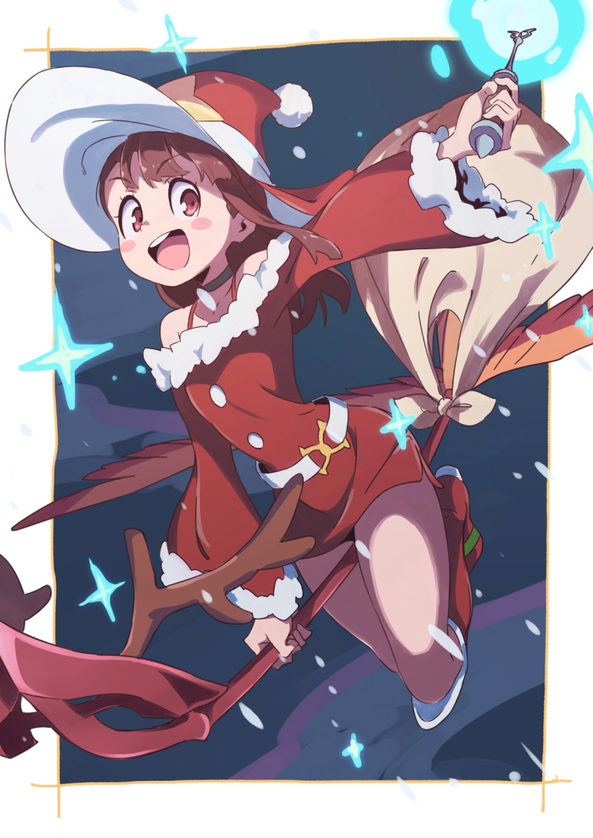 1girl :d antlers bangs belt black_choker blush_stickers boots bra_strap broom broom_riding brown_hair choker clouds commentary_request dress eyebrows_visible_through_hair hat highres holding kagari_atsuko little_witch_academia long_hair long_sleeves looking_at_viewer magic night night_sky open_mouth outdoors red_dress red_eyes red_footwear red_hat reindeer_antlers sack santa_costume santa_hat short_dress sky smile snowing solo sparkle tama wand wide_sleeves witch_hat