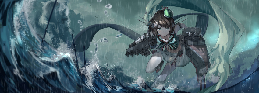 1girl breasts brown_hair cleavage fujita_(condor) highres japanese_clothes kantai_collection maya_(kantai_collection) medium_breasts pleated_skirt rain remodel_(kantai_collection) rigging skirt solo storm stormy_waters turret waves