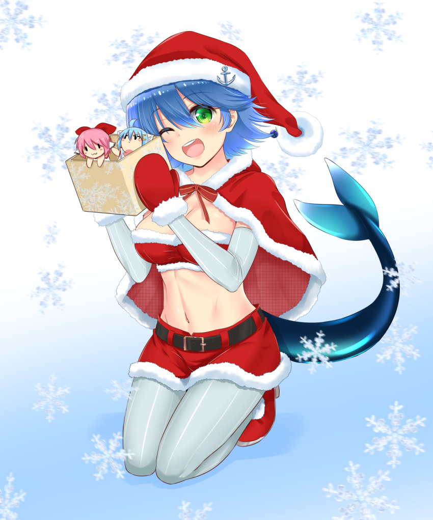 1girl ;d anchor bangs belt_buckle black_belt blue_hair blush buckle character_doll christmas commentary_request crop_top eyebrows_visible_through_hair full_body fur-trimmed_cloak fur-trimmed_hat fur-trimmed_skirt green_eyes grey_legwear hair_between_eyes hat head_tilt highres kneeling looking_at_viewer mint_(cerbi) one_eye_closed open_mouth original pantyhose pinstripe_pattern red_cloak red_footwear red_hat red_skirt santa_costume santa_hat shoes skirt smile snowflakes solo striped striped_legwear tail upper_teeth vertical-striped_legwear vertical_stripes