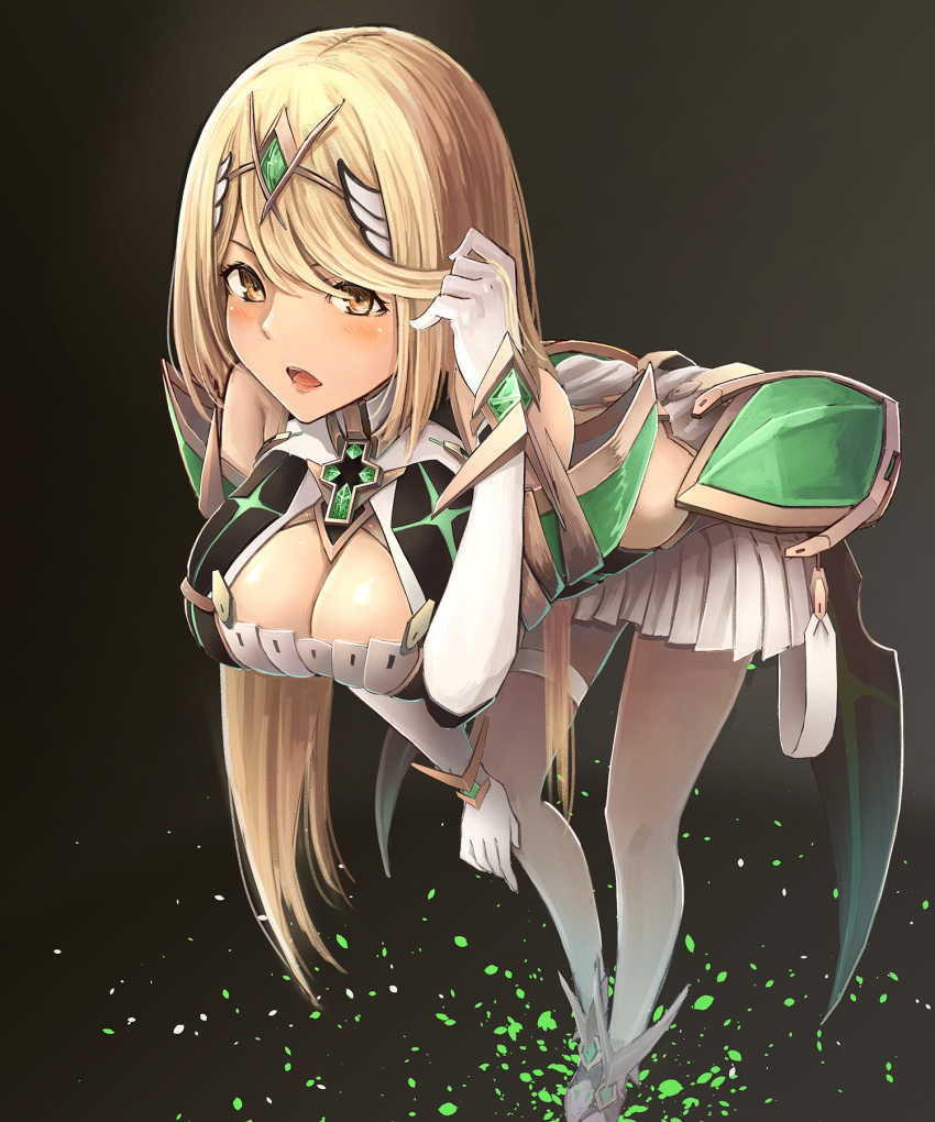 1girl armor artist_request blonde_hair blush breasts cleavage dress fingerless_gloves gloves highres mythra_(xenoblade) large_breasts long_hair looking_at_viewer solo sword weapon xenoblade xenoblade_2 yellow_eyes