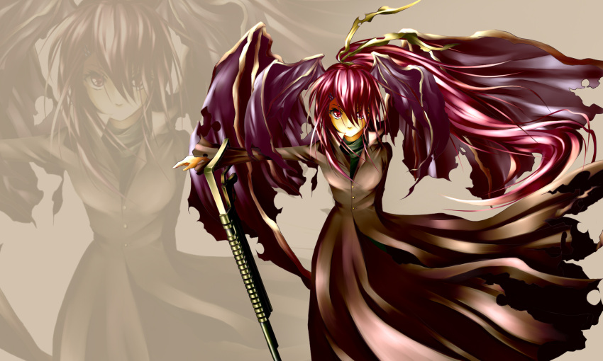 &gt;:) 1girl alternate_costume alternate_hairstyle alternate_wing_color alternate_wings arm_behind_back bat_wings brown_coat coat commentary_request cowboy_shot gun hair_ornament hair_over_one_eye hair_ribbon hairclip head_wings highres koakuma large_wings long_hair long_sleeves looking_at_viewer nino_(pixiv_1643169) outstretched_arm ponytail red_eyes redhead ribbon shotgun simple_background smile solo tan_background touhou very_long_hair weapon wings zoom_layer