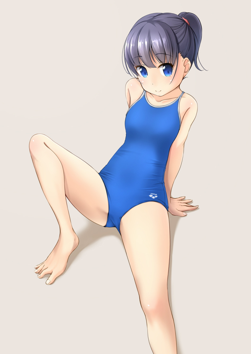 1girl arena_(company) barefoot black_hair blue_eyes blue_swimsuit chest competition_school_swimsuit grey_background highres original ponytail school_swimsuit shibacha_(shibacha_0728) short_hair simple_background sitting smile solo swimsuit