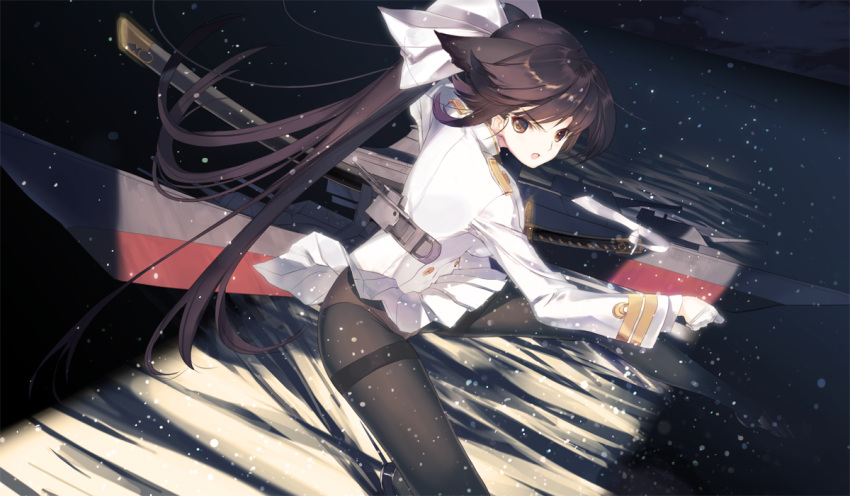 1girl azur_lane bangs bow brown_eyes brown_hair commentary_request eyebrows_visible_through_hair gloves hair_bow holding katana long_hair long_sleeves looking_at_viewer machinery military military_uniform nakamura_takeshi open_mouth panties panties_under_pantyhose pantyhose pleated_skirt ponytail skirt skirt_lift solo sword takao_(azur_lane) underwear uniform weapon white_gloves white_skirt