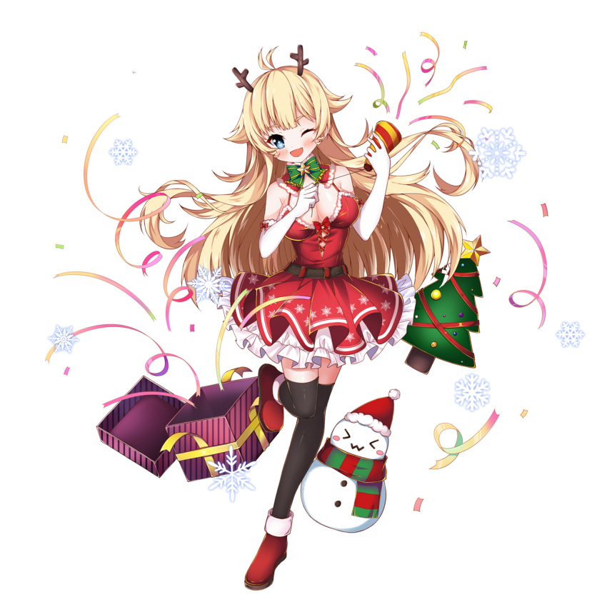 &gt;_&lt; 1girl :3 ;d antlers bangs bare_shoulders black_legwear blonde_hair blush blush_stickers boots box breasts christmas christmas_ornaments christmas_tree commentary_request dress elbow_gloves eyebrows_visible_through_hair frilled_dress frills fur-trimmed_dress fur-trimmed_gloves fur_trim gift gift_box gloves head_tilt highres holding kkkkkey large_breasts long_hair looking_at_viewer one_eye_closed open_mouth original party_popper red_dress red_footwear red_ribbon reindeer_antlers ribbon scarf simple_background sleeveless sleeveless_dress smile snowflakes snowman solo standing standing_on_one_leg star striped thigh-highs vertical-striped_scarf vertical_stripes very_long_hair white_background white_gloves