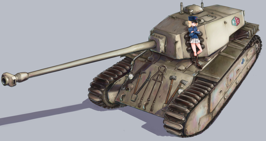 1girl absurdres arl-44 axe bc_freedom_(emblem) bc_freedom_military_uniform black_footwear blonde_hair blue_eyes blue_hat blue_jacket boots closed_mouth commentary_request crossed_arms girls_und_panzer grey_background ground_vehicle hat highres jacket kabayaki_namazu long_sleeves looking_at_viewer military military_hat military_vehicle miniskirt motor_vehicle oshida_(girls_und_panzer) pickaxe pleated_skirt shadow shako_cap short_hair simple_background skirt smile solo standing tank tank_focus white_skirt