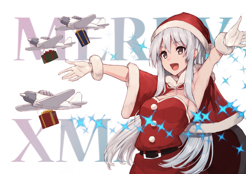 1girl absurdres aircraft airplane armpits belt black_belt blush bow box breasts brown_eyes buckle capelet christmas cleavage dress eru_(airquire) eyebrows_visible_through_hair fur-trimmed_capelet fur-trimmed_dress fur-trimmed_gloves fur_trim gift gift_box gloves hairband hat highres incoming_gift kantai_collection long_hair medium_breasts merry_christmas open_mouth outstretched_arms outstretched_hand red_bow red_ribbon ribbon santa_costume santa_hat shoukaku_(kantai_collection) sidelocks smile solo sparkle very_long_hair white_gloves white_hair yellow_bow yellow_ribbon