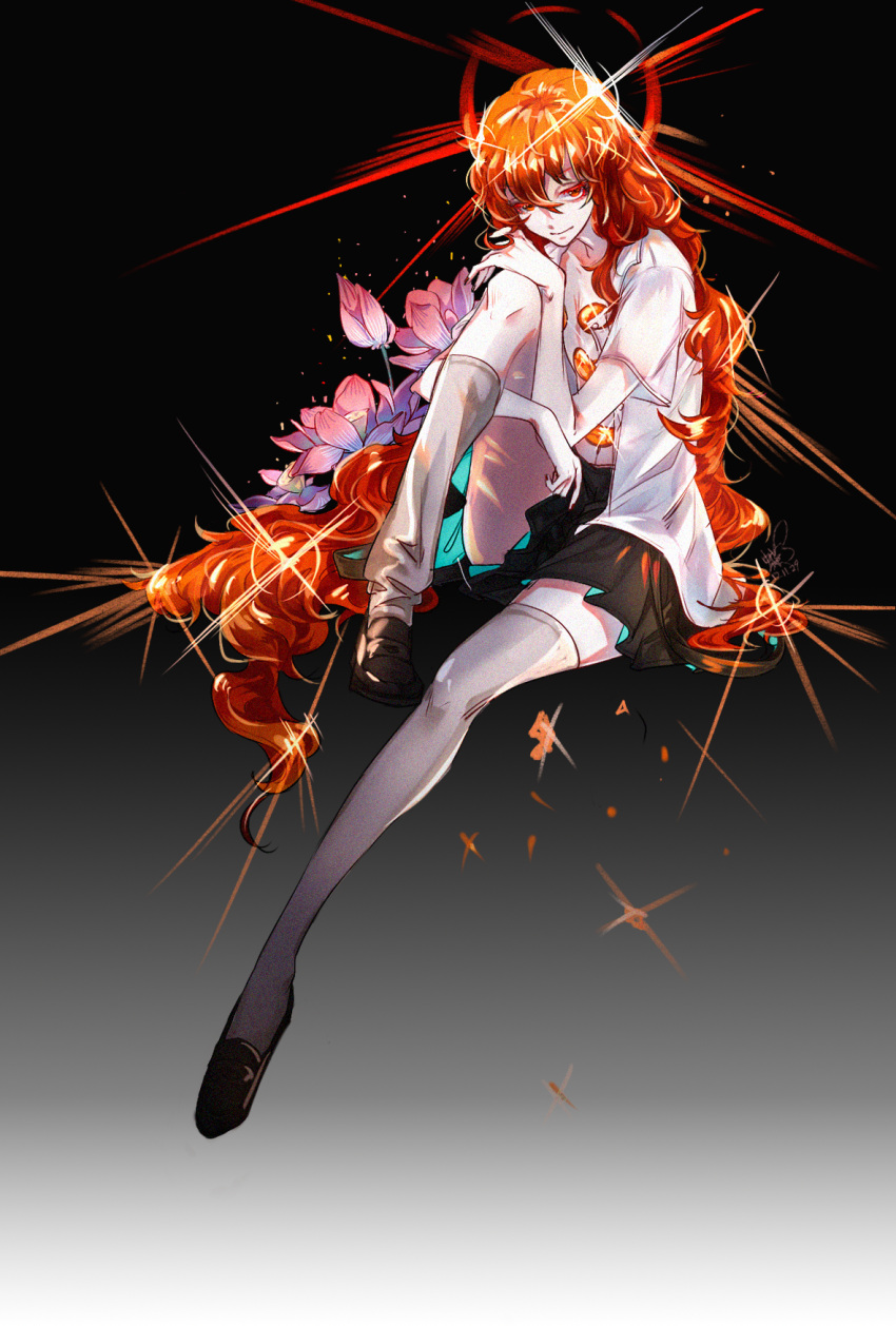 androgynous flower gem_uniform_(houseki_no_kuni) highres houraisan_chouko houseki_no_kuni long_hair nail_polish padparadscha_(houseki_no_kuni) red_eyes redhead shirt smile solo sparkle