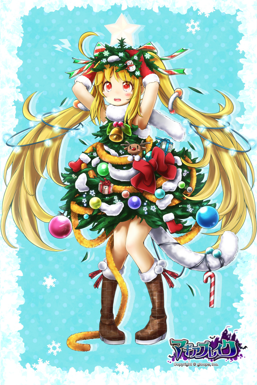 1girl akino_coto arms_up blonde_hair christmas copyright_request dress gloves highres official_art open_mouth original red_eyes solo standing tail tinsel twintails