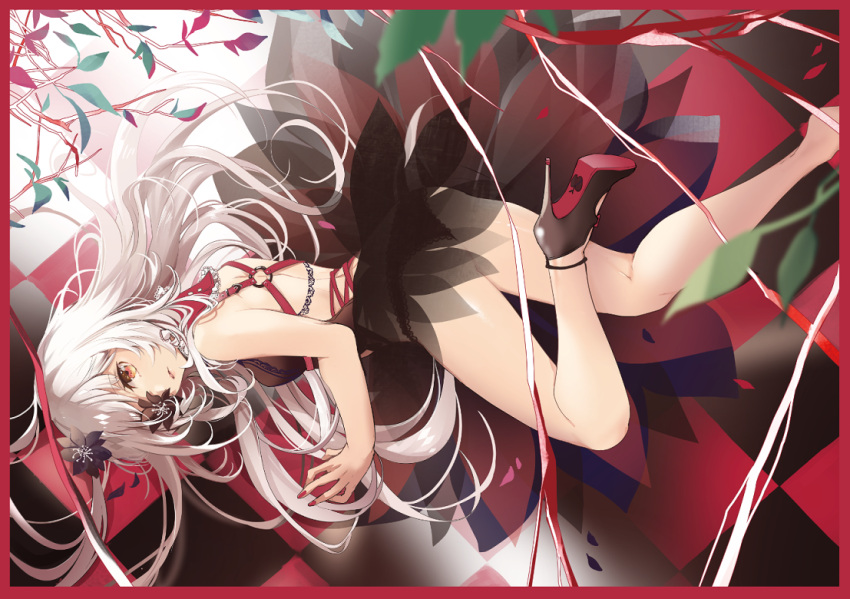 1girl ass black_dress black_panties border brown_eyes checkered checkered_background commentary_request dress flower flower_eyepatch hair_flower hair_ornament high_heels long_hair original panties red_border sakuragi_kei solo spade_(shape) underwear white_hair