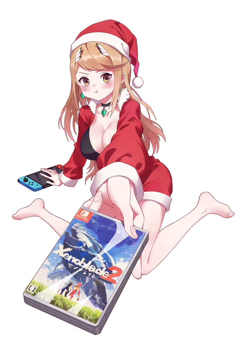 1girl bikini blonde_hair blush breasts christmas cleavage hat highres mythra_(xenoblade) joy-con large_breasts long_hair looking_at_viewer navel nintendo nintendo_switch pout santa_costume santa_hat solo swimsuit video_game white_background xenoblade xenoblade_2 yellow_eyes z'co