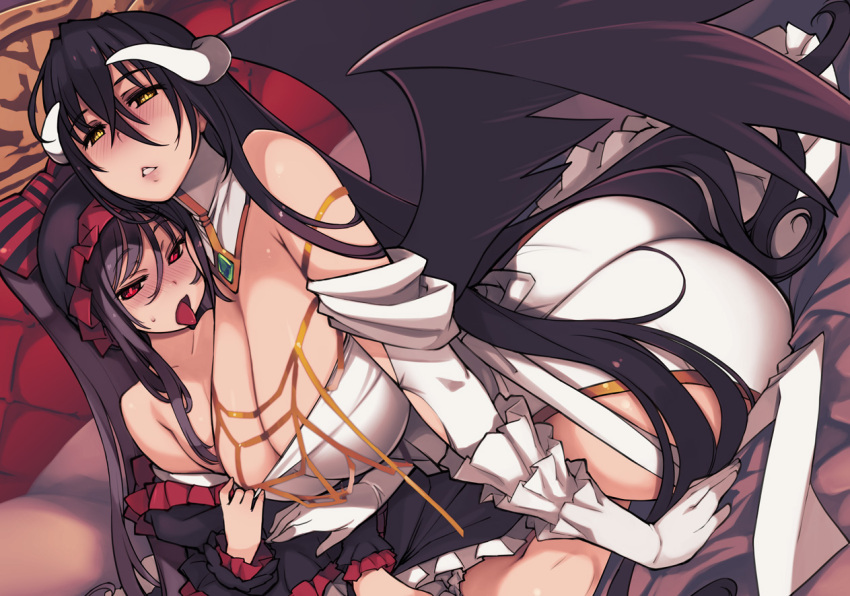 2girls albedo bare_shoulders black_hair breasts cleavage gloves horns huge_breasts long_hair looking_at_viewer multiple_girls overlord_(maruyama) red_eyes small_breasts tongue tongue_out wings xration yellow_eyes