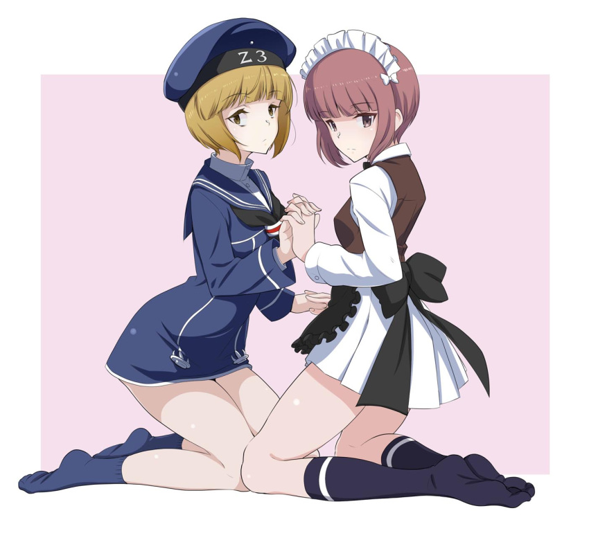 2girls apron bangs black_apron black_neckwear blonde_hair blue_dress blue_hat blue_legwear blunt_bangs blush brown_eyes brown_hair brown_vest character_name character_request closed_mouth clothes_writing cosplay costume_switch dress expressionless eyebrows_visible_through_hair frilled_apron frills full_body girls_und_panzer hand_holding hat highres interlocked_fingers kantai_collection kneeling kurihara_kenshirou long_sleeves looking_at_viewer looking_to_the_side maid_headdress multiple_girls neckerchief no_shoes pink_background sailor_dress short_dress short_hair thighs vest waist_apron white_dress yellow_eyes z3_max_schultz_(kantai_collection) z3_max_schultz_(kantai_collection)_(cosplay)