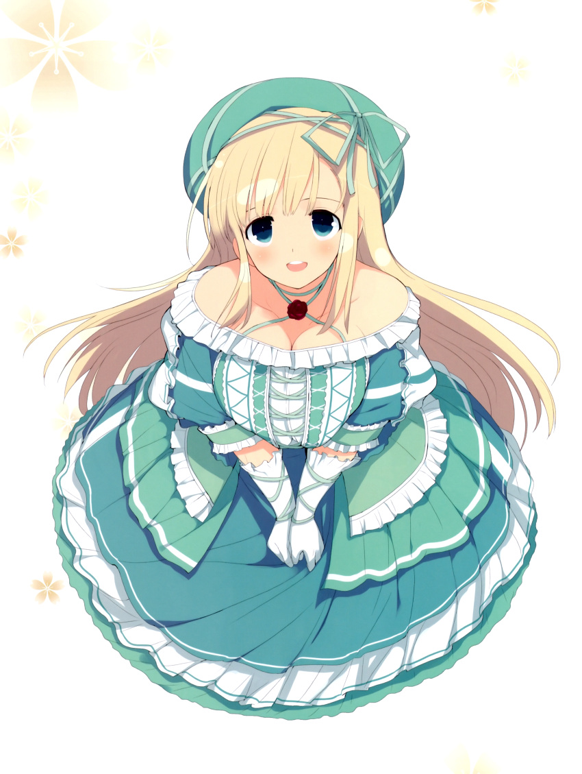 1girl absurdres bangs bare_shoulders beret blonde_hair blue_eyes blush bow bowtie breasts collarbone dress elbow_gloves floral_background frills full_body gloves green_dress hat highres large_breasts long_dress looking_at_viewer looking_up official_art open_mouth scan senran_kagura senran_kagura_(series) simple_background smile solo white_gloves yaegashi_nan yomi_(senran_kagura)