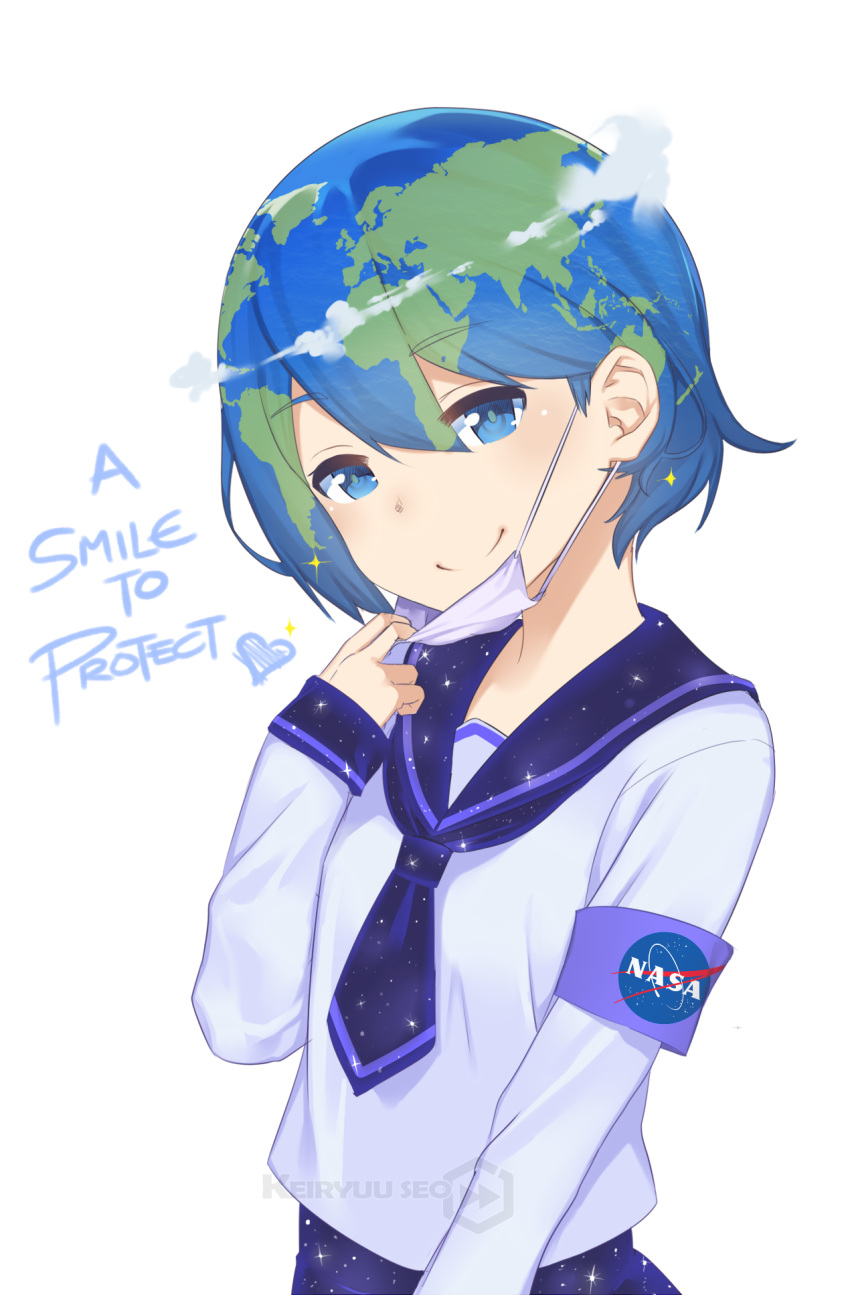 1girl armband artist_name blue_eyes blue_hair clouds earth earth-chan_(felipecunhaeloi) english eyebrows_visible_through_hair green_hair hair_between_eyes highres long_sleeves looking_at_viewer meme multicolored_hair original paavuchi school_uniform serafuku short_hair smile solo starry_sky_print surgical_mask