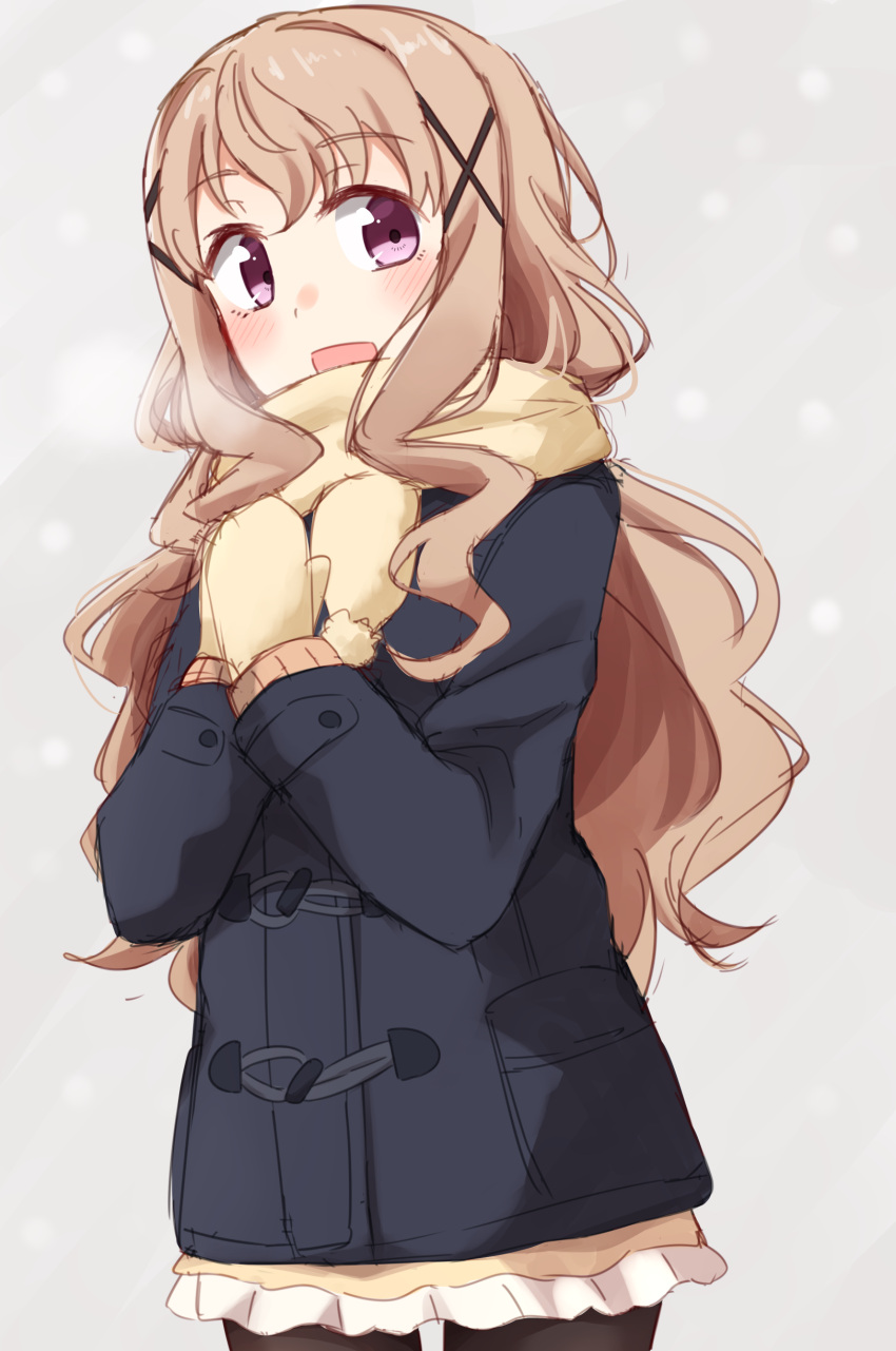 1girl :d absurdres alternate_costume black_legwear blue_coat brown_background brown_hair cowboy_shot duffel_coat hair_ornament hands_together high_school_fleet highres kapatarou long_hair mittens open_mouth pantyhose scarf simple_background smile solo sweater uda_megumi violet_eyes x_hair_ornament