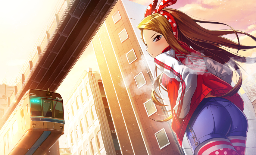 1girl :&lt; ass blue_shorts blush brown_hair building city closed_mouth clouds cloudy_sky commentary_request dutch_angle eyebrows_visible_through_hair from_behind glowing ground_vehicle hairband highres idolmaster jacket long_hair long_sleeves looking_at_viewer looking_back minase_iori morning outdoors polka_dot red_eyes red_jacket shiny shiny_hair shorts sky solo striped striped_legwear tanukimaso thigh-highs train visible_air walking