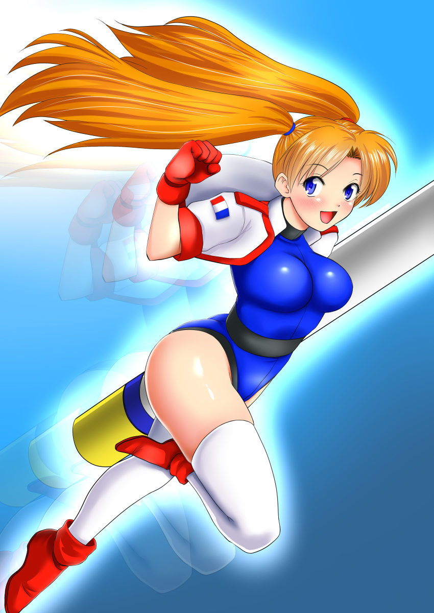 1girl absurdres arm_up ass blue_eyes blue_leotard blush boots breasts brown_hair clenched_hand cropped_jacket gloves highres jacket jumping leg_up leotard long_hair nanao_futaba numan_athletics open_mouth red_gloves sharon_les_halles smile solo thigh-highs white_jacket white_legwear