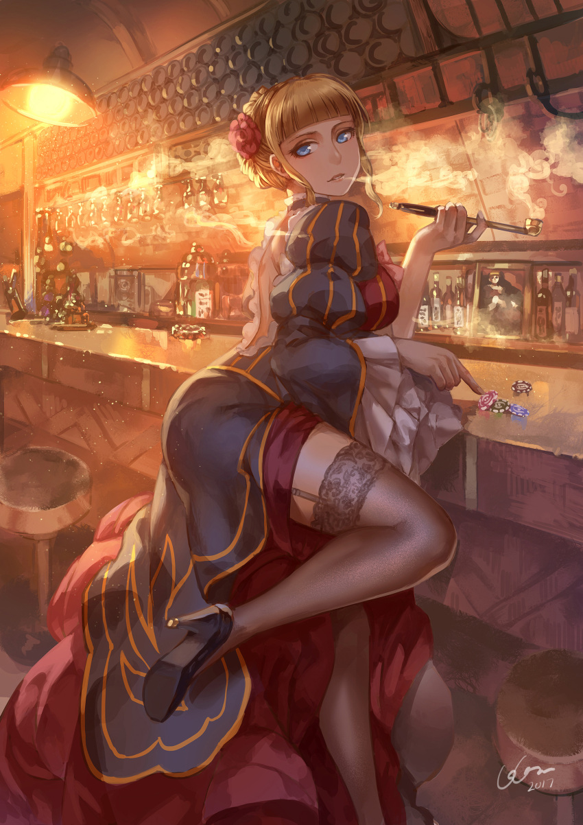 1girl 2017 bar_stool beatrice blonde_hair blue_eyes dated frilled_sleeves frills garter_straps high_heels highres kiseru lace lace-trimmed_thighhighs looking_at_viewer madcocoon pipe poker_chip smoking solo stool thigh-highs thighs umineko_no_naku_koro_ni wide_sleeves