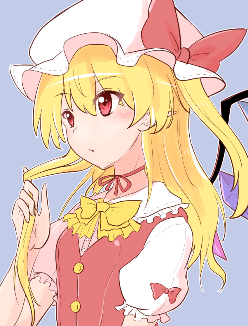 1girl bangs blonde_hair blue_background bow bowtie buttons commentary_request eyebrows_visible_through_hair flandre_scarlet hair_between_eyes hair_twirling hat hat_bow highres long_hair mob_cap neck_ribbon one_side_up oshiaki parted_lips puffy_short_sleeves puffy_sleeves red_bow red_eyes red_ribbon ribbon short_sleeves simple_background solo touhou upper_body white_hat yellow_neckwear