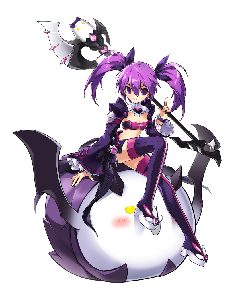 1girl aisha_(elsword) angkor_(elsword) bandeau boots bow bracelet breasts cleavage closed_mouth creature elsword full_body hair_bow highres holding holding_staff jewelry looking_at_viewer miniskirt official_art purple_bow purple_footwear purple_hair purple_skirt ress short_hair sitting sitting_on_person skirt small_breasts smile staff thigh-highs thigh_boots twintails violet_eyes void_princess_(elsword) zettai_ryouiki
