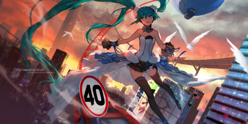 1girl 7th_dragon_(series) 7th_dragon_2020 :d absurdres aqua_eyes aqua_hair bangs bare_shoulders black_legwear city clouds cloudy_sky detached_sleeves evening floating_hair flying full_body hair_between_eyes hatsune_miku highres long_hair open_mouth signature sky smile solo swd3e2 twintails vocaloid