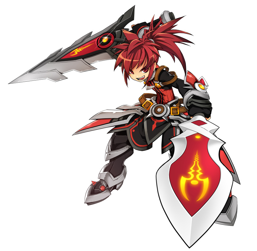 1boy :d absurdres armor artist_request belt black_gloves black_pants boots dual_wielding elsword elsword_(character) fighting_stance full_body gloves highres holding holding_sword holding_weapon long_hair looking_at_viewer male_focus official_art open_mouth pants ponytail raglan_sleeves red_eyes redhead sheath_knight_(elsword) smile solo spiky_hair standing sword weapon