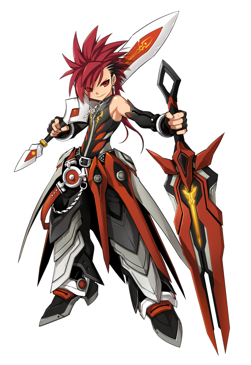 1boy absurdres armor artist_request black_gloves black_hair closed_mouth dual_wielding earrings elbow_gloves elsword elsword_(character) fingerless_gloves full_body gloves highres holding holding_sword holding_weapon infinity_sword_(elsword) jewelry long_hair looking_at_viewer male_focus multicolored_hair necklace official_art over_shoulder pants red_eyes redhead reverse_grip shirt shoes sleeveless sleeveless_shirt smile solo spiky_hair standing sword two-tone_hair weapon