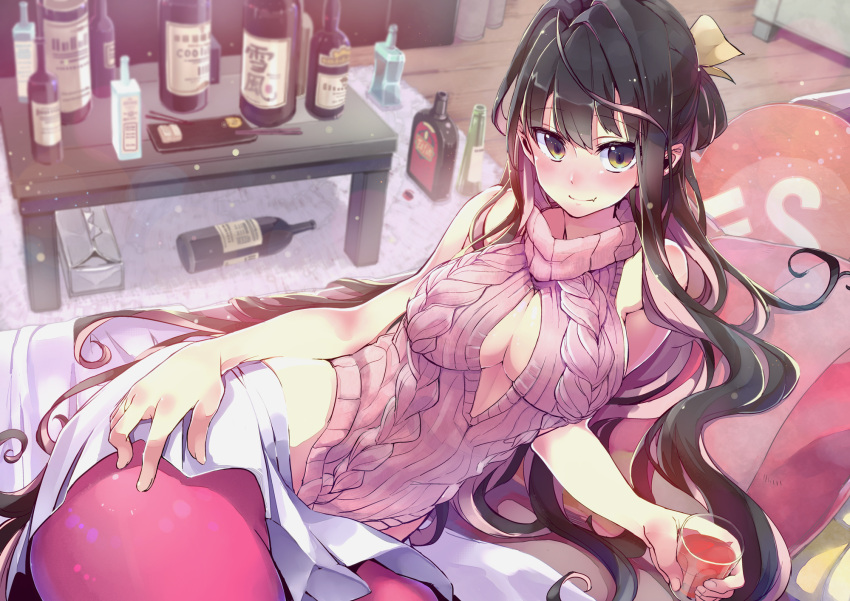 alternate_costume black_hair bottle breasts cleavage cleavage_cutout glass hidori_(hibi_toridori) highres kantai_collection long_hair looking_at_viewer lying multicolored_hair naganami_(kantai_collection) on_side pantyhose pink_hair pink_legwear pleated_skirt skirt sweater_vest table two-tone_hair white_skirt wine_bottle yes-no_pillow
