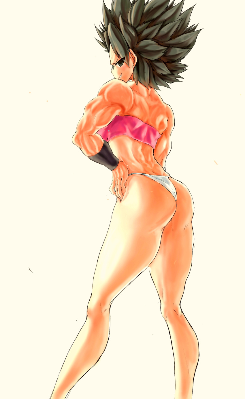 1girl absurdres alone ass back bare_shoulders black_eyes black_hair caulifla dragon_ball dragon_ball_super female hand_on_waist highres hips legs looking_at_viewer looking_back muscle muscles muscular_female panties saiyan smirk solo spiky_hair spiky_hair strapless thick_thighs thighs tubetop underwear wristband
