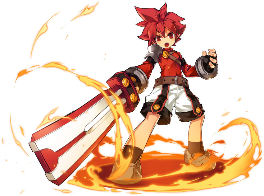 1boy :o absurdres artist_request belt black_gloves elsword elsword_(character) fingerless_gloves fire full_body gloves highres holding holding_sword holding_weapon knight_(elsword) looking_at_viewer male_focus official_art open_mouth red_eyes red_shirt redhead serious shirt shoes shorts single_pauldron solo spiky_hair standing sword weapon white_shorts