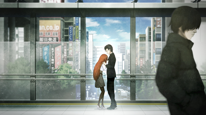 1girl 2boys black_footwear black_hair black_jacket black_legwear black_pants brown_hair day from_side full_body high_heels highres huke jacket long_hair multiple_boys okabe_rintarou outdoors pants pantyhose shiina_kagari shirt short_hair skirt standing steins;gate very_long_hair white_shirt