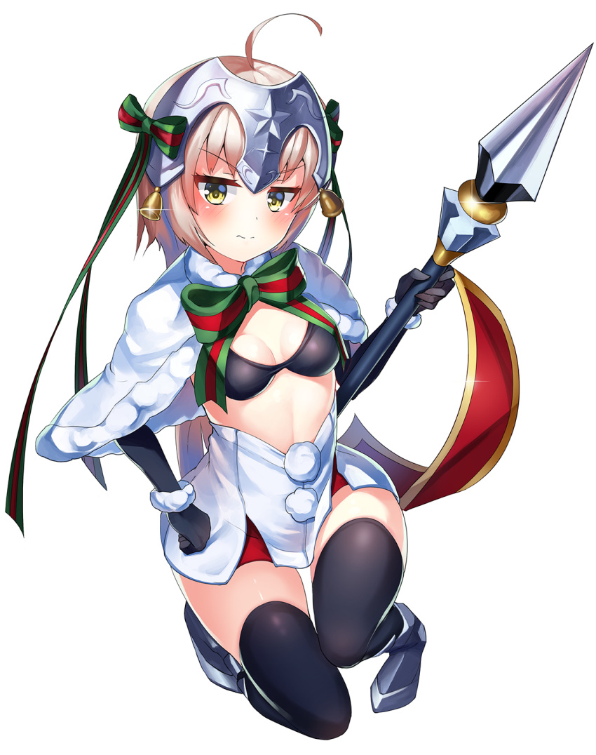 1girl 2drr ahoge bangs bikini_top black_bikini_top black_gloves black_legwear blush boots bow breasts capelet closed_mouth commentary_request dress elbow_gloves eyebrows_visible_through_hair fate/grand_order fate_(series) full_body fur-trimmed_capelet glint gloves green_bow green_ribbon grey_footwear hand_on_hip headpiece highres holding holding_spear holding_weapon jeanne_d'arc_(fate)_(all) jeanne_d'arc_alter_santa_lily light_brown_hair long_hair looking_at_viewer medium_breasts one_knee pleated_dress polearm ribbon simple_background solo spear striped striped_bow striped_ribbon thigh-highs v-shaped_eyebrows very_long_hair weapon white_background white_capelet white_dress yellow_eyes