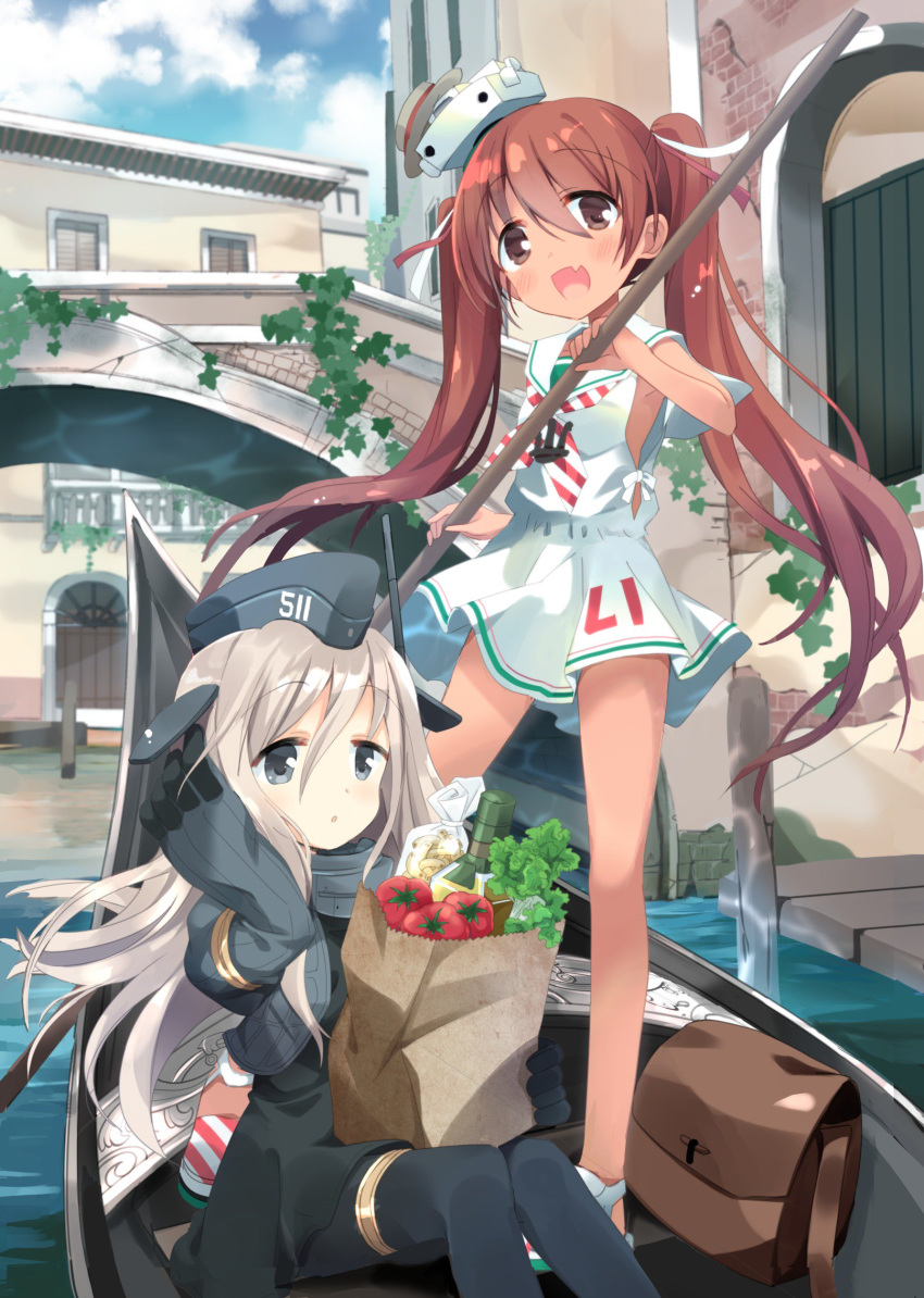 2girls alcohol bag blonde_hair blue_eyes bodysuit bottle bridge brown_eyes brown_hair cropped_jacket dress fang garrison_cap gondola hat highres hizuki_yayoi kantai_collection libeccio_(kantai_collection) long_hair long_sleeves multiple_girls open_mouth paper_bag puffy_long_sleeves puffy_sleeves sailor_dress sleeveless sleeveless_dress smile tomato twintails u-511_(kantai_collection) venice water wine