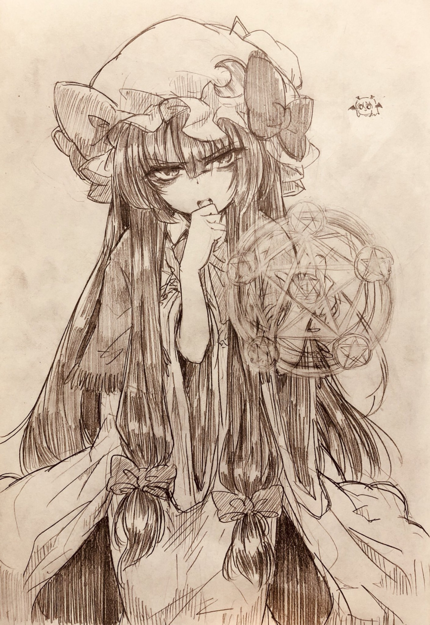 2girls bags_under_eyes bangs bow chibi_inset commentary_request efukei eyebrows_visible_through_hair hair_between_eyes hair_bow hand_up hat hat_bow head_wings highres koakuma long_hair looking_at_viewer mob_cap monochrome multiple_girls o_o open_mouth patchouli_knowledge pentagram sidelocks touhou traditional_media very_long_hair wide_sleeves