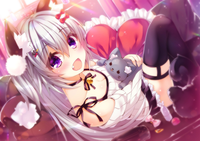 1girl :d animal animal_ears bangs bell black_bow black_choker black_legwear black_skirt blush bow breasts cat cat_ears cleavage commentary_request eyebrows_visible_through_hair fang fingernails frilled_pillow frills hair_between_eyes handheld_game_console heart heart_pillow highres jingle_bell long_hair looking_at_viewer looking_to_the_side medium_breasts off-shoulder_sweater ooji_cha open_mouth original oziko_(ooji_cha) pillow pink_bow pleated_skirt ribbed_sweater silver_hair skirt smile solo sweater thigh-highs two_side_up very_long_hair violet_eyes white_sweater