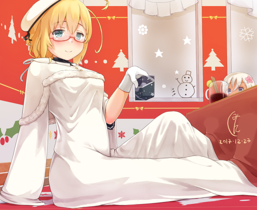 ahoge alternate_costume arm_behind_back arm_support bangs blonde_hair blue_eyes blush breasts capelet christmas christmas_tree cup dated dress eyebrows_visible_through_hair flower fur-trimmed_capelet german gift glass glasses gloves hair_between_eyes hair_flower hair_ornament hair_ribbon hat holding holding_gift i-8_(kantai_collection) indoors jiangjin_nanyun_zhi_(kumita) kantai_collection knee_up kotatsu large_breasts long_dress long_hair long_sleeves looking_at_another looking_at_viewer low_twintails merry_christmas multiple_girls peaked_cap red-framed_eyewear ribbon ro-500_(kantai_collection) signature sitting sleeves_rolled_up smile table tan twintails violet_eyes wallpaper_(object) white_dress white_gloves white_hair white_hat wide_sleeves window windowsill