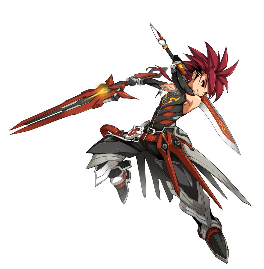 1boy absurdres armor artist_request belt black_gloves black_pants boots dual_wielding earrings elbow_gloves elsword elsword_(character) fighting_stance full_body gloves grin highres holding holding_sword holding_weapon infinity_sword_(elsword) jewelry long_hair male_focus metal_boots necklace official_art pants red_eyes redhead shirt sleeveless sleeveless_shirt smile solo spiky_hair sword thigh-highs thigh_boots weapon