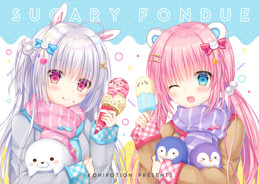 2girls :q ;d ahoge animal animal_ears bangs bear_ears bear_hair_ornament bird blue_bow blue_eyes blush bow brown_jacket bunny_hair_ornament closed_mouth commentary_request double_scoop eyebrows_visible_through_hair fingernails food food_on_face grey_jacket hair_between_eyes hair_bow hair_ornament head_tilt holding holding_food ice_cream ice_cream_cone ice_cream_on_face jacket kohinata_hoshimi long_hair long_sleeves looking_at_viewer multiple_girls object_hug one_eye_closed open_mouth original penguin pink_bow pink_hair pink_scarf pom_pom_(clothes) popsicle purple_scarf rabbit_ears scarf seal silver_hair smile tongue tongue_out twintails two_side_up very_long_hair violet_eyes x_hair_ornament