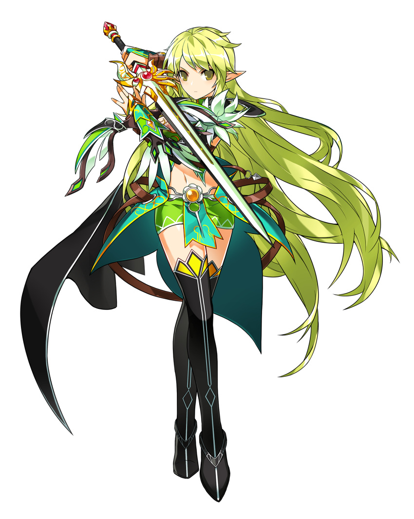 1girl black_footwear boots buckle closed_mouth elsword expressionless fighting_stance full_body green_eyes green_hair green_skirt highres holding holding_sword holding_weapon legs_crossed long_hair looking_at_viewer miniskirt navel night_watcher_(elsword) no_nose official_art pointy_ears rena_(elsword) ress skirt solo standing sword thigh-highs thigh_boots weapon zettai_ryouiki