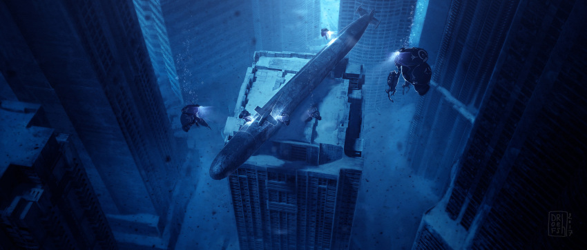 afloat blue building commentary dated dofresh highres light no_humans on_roof original outdoors post-apocalypse rooftop scenery signature skyscraper submarine underwater watercraft